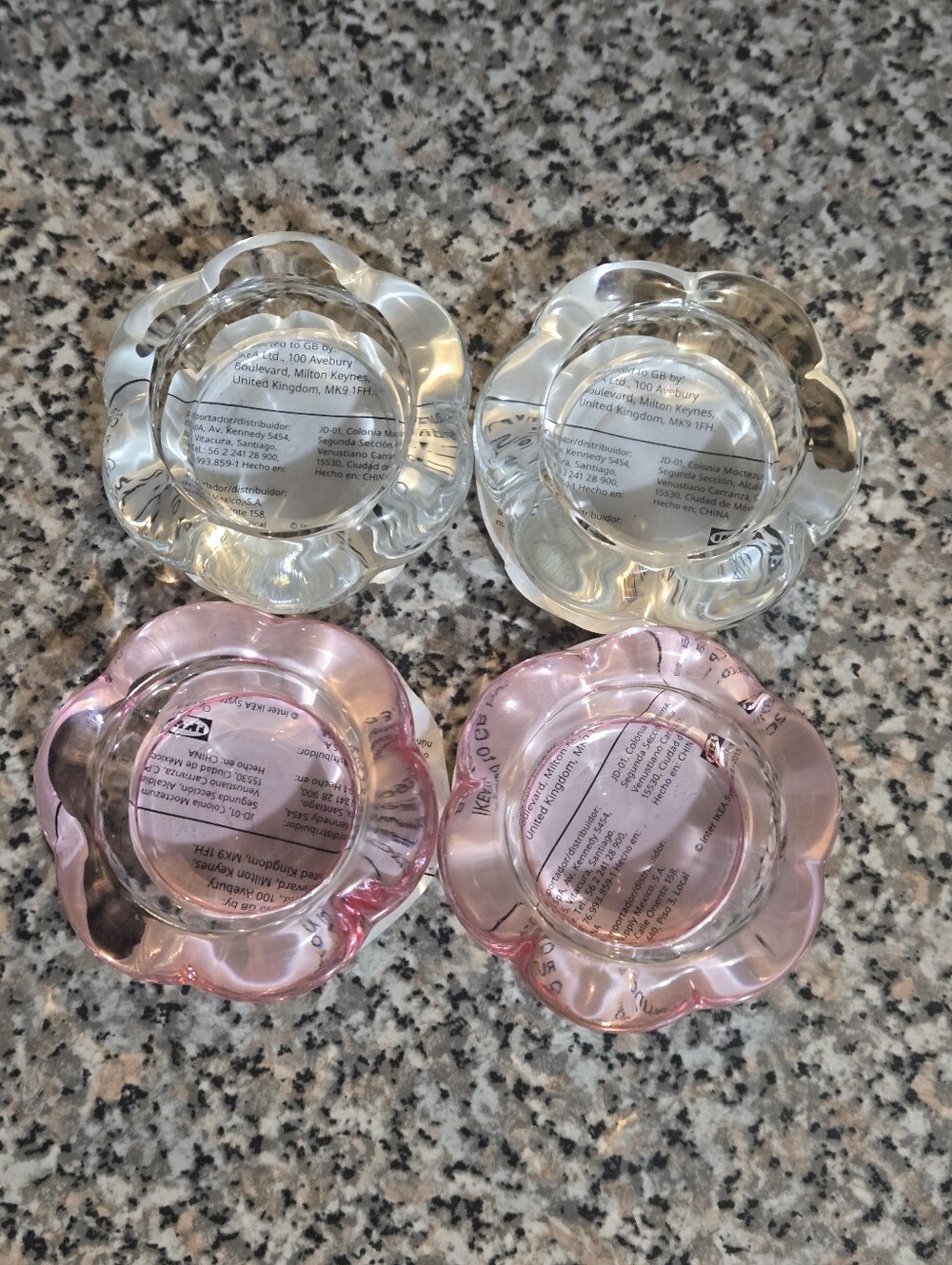 Set of 4 Floral Glass Tea Light Holders - Clear & Pink